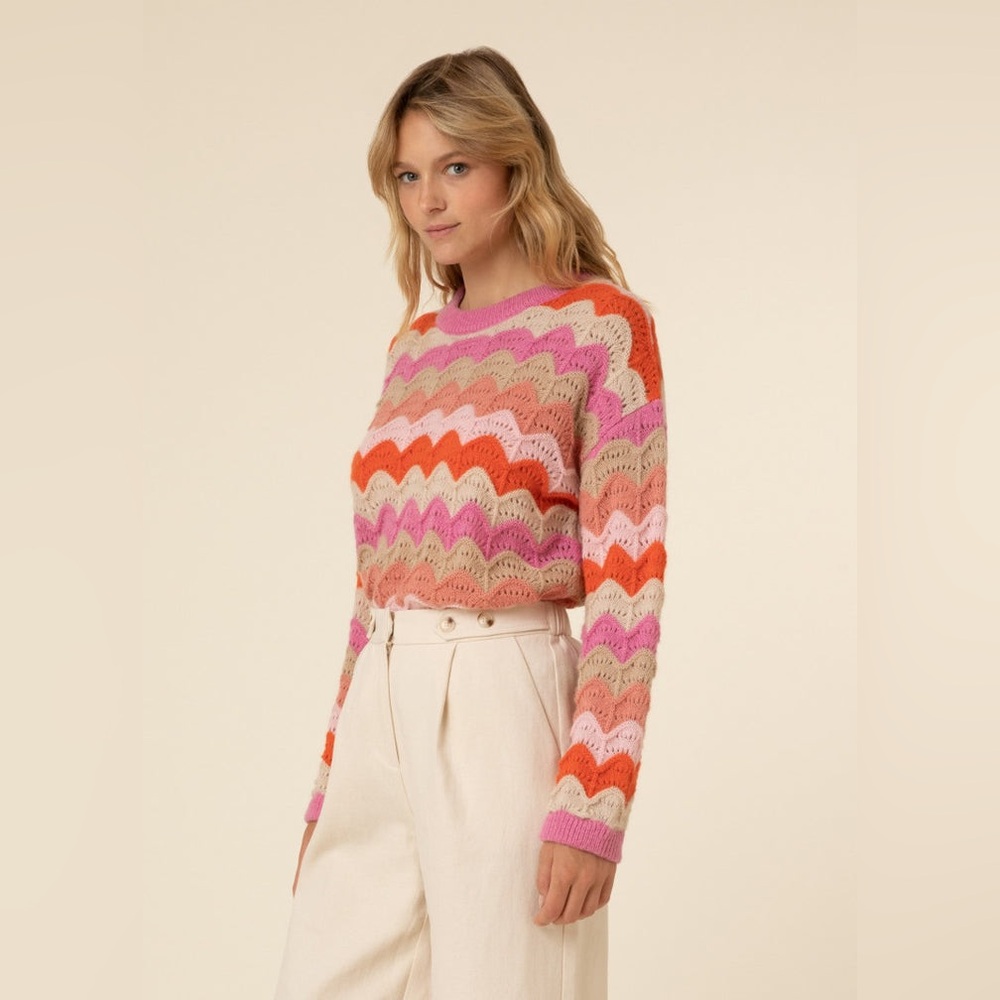 FRNCH CRISTY STRIPED HOLEY SWEATER IN ORANGES AND PINKS